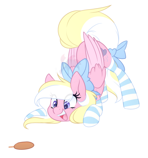 Size: 1280x1368 | Tagged: safe, artist:scarlet-spectrum, derpibooru import, oc, oc:bay breeze, pegasus, pony, artist name, ass up, blonde mane, bow, clothes, commission, corn, corndog, cute, cutie mark, daaaaaaaaaaaw, eyelashes, face down ass up, female, food, full body, happy, lightly watermarked, looking at something, mane bow, mare, meat, ocbetes, open mouth, pink body, purple eyes, sausage, simple background, socks, solo, striped socks, tail bow, transparent background, two toned mane, two toned tail, watermark