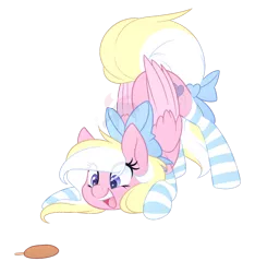 Size: 1280x1368 | Tagged: safe, artist:scarlet-spectrum, derpibooru import, oc, oc:bay breeze, pegasus, pony, artist name, ass up, blonde mane, bow, clothes, commission, corn, corndog, cute, cutie mark, daaaaaaaaaaaw, eyelashes, face down ass up, female, food, full body, happy, lightly watermarked, looking at something, mane bow, mare, meat, ocbetes, open mouth, pink body, purple eyes, sausage, simple background, socks, solo, striped socks, tail bow, transparent background, two toned mane, two toned tail, watermark