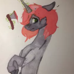 Size: 1080x1080 | Tagged: safe, artist:olyaandspid, derpibooru import, oc, unofficial characters only, pony, unicorn, axe, bust, glowing horn, horn, magic, solo, telekinesis, traditional art, unicorn oc, weapon