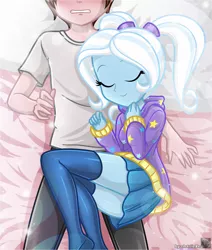 Size: 661x781 | Tagged: safe, artist:charliexe, derpibooru import, trixie, oc, oc:generic messy hair anime anon, human, equestria girls, alternate hairstyle, babysitter trixie, bed, bedroom, blushing, clothes, eyes closed, faceless male, female, hoodie, lucky bastard, male, offscreen character, schrödinger's pantsu, socks, story included, thigh highs