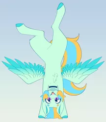 Size: 3340x3873 | Tagged: safe, artist:tuzz-arts, derpibooru import, oc, oc:cool ginger, unofficial characters only, pegasus, pony, chest fluff, choker, colored hooves, colored wings, femboy, handstand, lipstick, male, multicolored hair, multicolored wings, nonbinary, simple background, solo, trap, upside down, wings