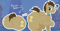 Size: 1280x673 | Tagged: suggestive, artist:cyanu, derpibooru import, doctor whooves, time turner, earth pony, pony, all fours, bhm, both cutie marks, bowtie, butt, confused, digital art, fat, fat fetish, fetish, huge butt, large butt, male, plot, ponyville, question mark, solo, solo male, stallion, tail, timebutt, wide load