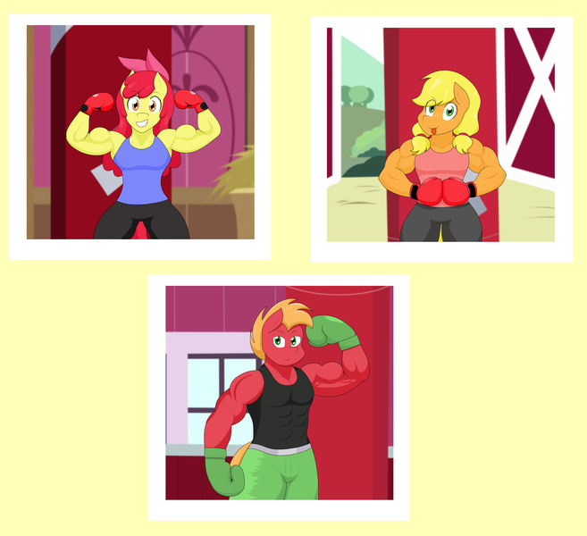 Size: 5440x4968 | Tagged: safe, artist:matchstickman, derpibooru import, apple bloom, applejack, big macintosh, anthro, earth pony, abs, apple bloom's bow, apple brawn, apple siblings, apple sisters, applejacked, armpits, biceps, bow, boxing gloves, brother and sister, clothes, cosplay, costume, deltoids, female, flexing, great macintosh, hair bow, looking at you, male, matchstickman's apple brawn series, muscles, pecs, photo, punching bag, siblings, simple background, sisters, sweet apple acres barn, teenager, tongue out, yellow background, younger