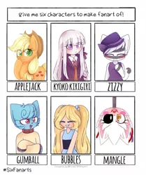 Size: 1004x1200 | Tagged: dead source, safe, derpibooru import, applejack, anthro, cat, earth pony, human, pony, six fanarts, anthro with ponies, blushing, bubbles (powerpuff girls), bust, clothes, crossover, danganronpa, eyes closed, female, gumball watterson, hat, kyoko kirigiri, mangle, mare, raised hoof, smiling, the amazing world of gumball, the powerpuff girls, upside down, zizzy