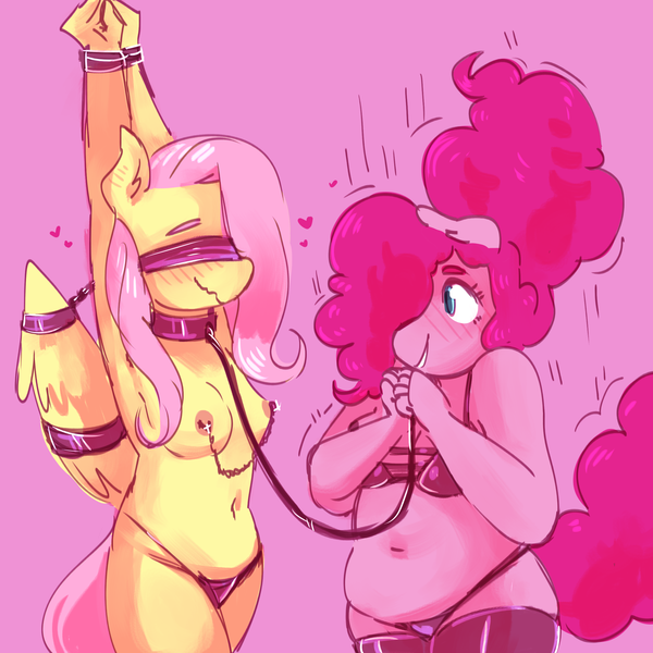 Size: 2500x2500 | Tagged: questionable, artist:rainbowsprinklesart, derpibooru import, fluttershy, pinkie pie, anthro, earth pony, pegasus, areola, armpits, belly button, blindfold, blushing, bondage, bound wings, bra, breasts, chubbie pie, chubby, clothes, collar, cute, cute porn, dominatrix, female, females only, femdom, femsub, flutterpie, fluttersub, happy bondage, jumping, lesbian, nipple chain, nipples, nudity, panties, partial nudity, pet play, pink background, pinkiedom, plump, shipping, simple background, socks, subdorable, submissive, thigh highs, topless, underwear, wavy mouth, wings