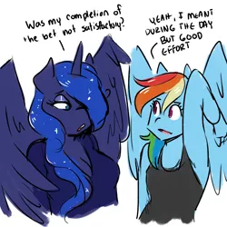 Size: 2500x2500 | Tagged: dead source, safe, artist:rainbowsprinklesart, derpibooru import, part of a set, princess luna, rainbow dash, alicorn, anthro, pegasus, armpits, blue eyes, blue fur, blue wings, breasts, cleavage, clothes, converse, dialogue, horn, looking at each other, magenta eyes, multicolored hair, multicolored mane, one eye covered, open mouth, pink eyes, rainbow hair, shoes, simple background, small breasts, spread wings, talking, tanktop, teeth, tongue out, white background, wing massage, wings