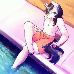 Size: 3000x3000 | Tagged: safe, alternate version, artist:rainbowsprinklesart, derpibooru import, shining armor, anthro, unguligrade anthro, unicorn, clothes, horn, male, outdoors, partial nudity, sexy armor, signature, solo, swimming pool, swimming trunks, topless