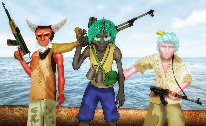 Size: 2000x1220 | Tagged: ak-47, ak74, anthro, artist:samueldavillo, assault rifle, bag, binoculars, captain phillips, cozy glow, crossover, derpibooru import, gun, human, humanized, looking at you, lord tirek, ocean, pirate, queen chrysalis, rifle, safe, somali, trio, weapon, wet