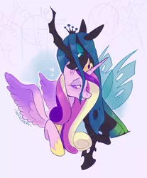 Size: 2377x2875 | Tagged: safe, artist:waackery, derpibooru import, princess cadance, queen chrysalis, alicorn, changeling, changeling queen, pony, abstract background, cadalis, crack shipping, duo, female, heart, horn, infidelity, jewelry, lesbian, regalia, shipping, wings