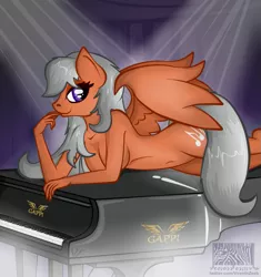 Size: 923x980 | Tagged: anthro, artist:virenth, breasts, derpibooru import, female, finger in mouth, grand piano, looking at you, nudity, oc, oc:crescendo, pegasus, solo, solo female, suggestive