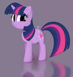 Size: 3262x3404 | Tagged: safe, artist:potato22, derpibooru import, twilight sparkle, pony, unicorn, emala jiss challenge, female, gray background, mare, reflection, simple background, smiling, solo, unicorn twilight