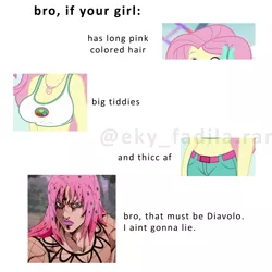 Size: 3543x3543 | Tagged: safe, derpibooru import, fluttershy, human, equestria girls, bait and switch, breasts, diavolo, female, jojo's bizarre adventure, male, meme, shitposting