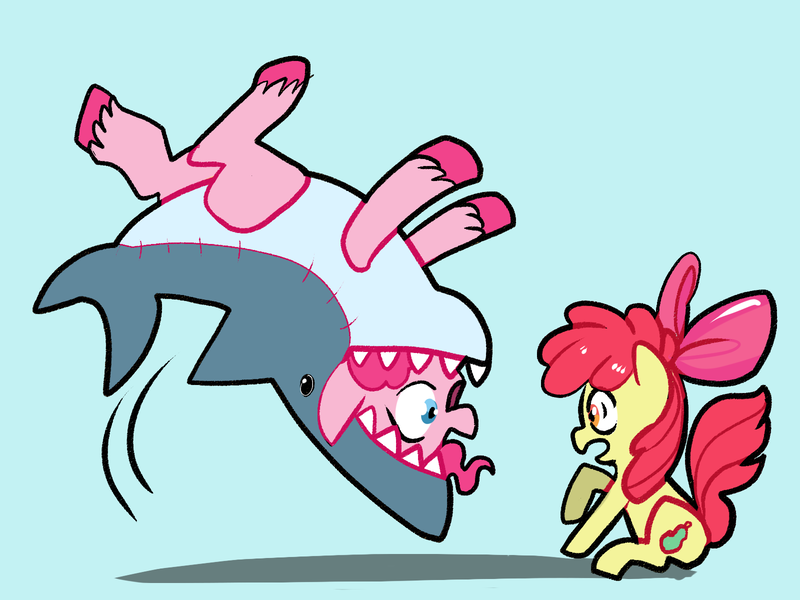 Size: 1600x1200 | Tagged: safe, anonymous artist, derpibooru import, apple bloom, pinkie pie, earth pony, pony, /mlp/, alternate cutie mark, backflip, blue background, drawthread, duo, happy, requested art, scared, shark costume, simple background