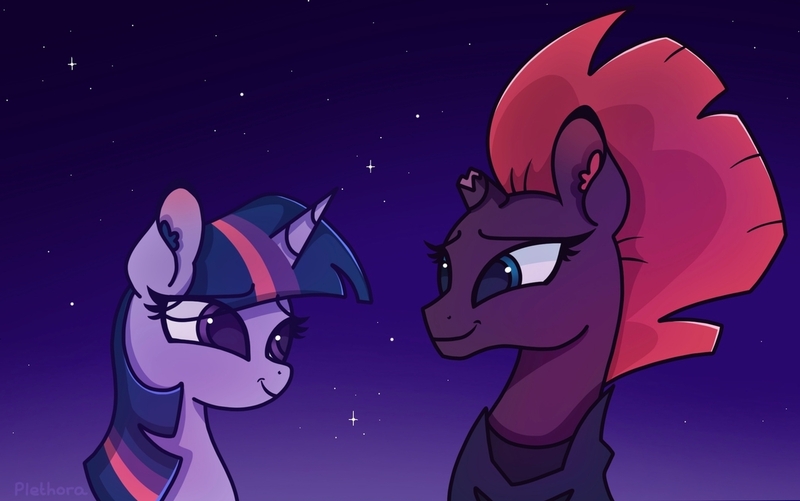 Size: 1280x801 | Tagged: safe, artist:plethxra, derpibooru import, tempest shadow, twilight sparkle, pony, my little pony: the movie, bust, portrait, scene interpretation