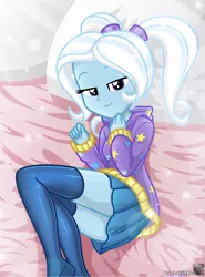 Size: 520x703 | Tagged: safe, alternate version, artist:charliexe, derpibooru import, trixie, equestria girls, adorasexy, alternate hairstyle, babysitter trixie, bed, bedroom, bedroom eyes, clothes, cute, diatrixes, female, hoodie, looking at you, pigtails, schrödinger's pantsu, sexy, smiling at you, socks, solo, thigh highs, zettai ryouiki