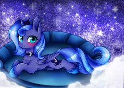 Size: 1118x797 | Tagged: safe, artist:meqiopeach, derpibooru import, princess luna, alicorn, pony, bed, big eyes, blushing, challenge, chest fluff, clothes, complex background, cute, dream, female, galaxy, jewelry, laying on bed, looking at you, lunabetes, moon, necklace, on bed, shiny, shoes, smiling, smiling at you, sofa bed, solo, stars