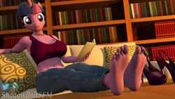 Size: 3840x2160 | Tagged: suggestive, artist:shadowboltsfm, derpibooru import, twilight sparkle, anthro, plantigrade anthro, unicorn, 3d, 4k, barefoot, big breasts, book, bookshelf, bra, breasts, clothes, couch, eyelashes, feet, feet on table, female, fetish, foot fetish, foot focus, high heels, jeans, looking at you, nail polish, pants, shoes, shoes removed, sitting, smiling, soles, solo, source filmmaker, underwear