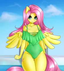 Size: 2684x3000 | Tagged: adorasexy, anthro, artist:yutakira92, breasts, cleavage, clothes, cute, derpibooru import, female, fluttershy, legs together, one-piece swimsuit, pegasus, safe, sexy, shyabetes, sky, solo, swimsuit, wings