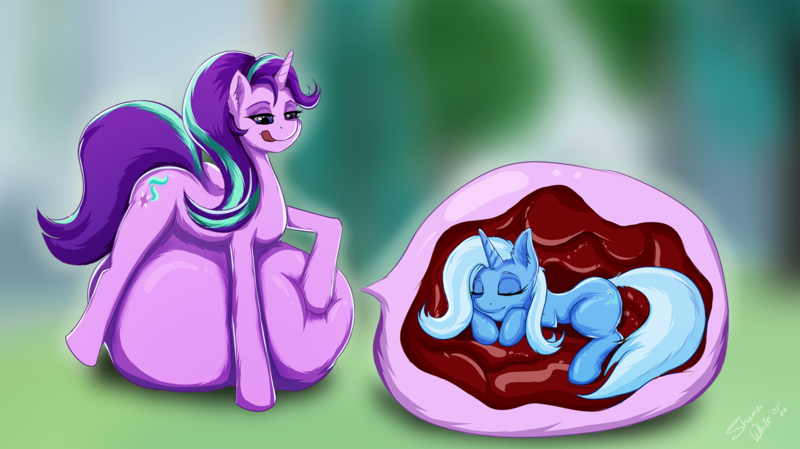 Size: 1923x1080 | Tagged: questionable, artist:shamziwhite, derpibooru import, starlight glimmer, trixie, pony, unicorn, belly, belly bed, belly on floor, big belly, caress, comfy, cute, diatrixes, encumbered, endosoma, eyes closed, female, fetish, huge belly, impossibly large belly, internal, lesbian, mucous, mucus, rugae, same size vore, shipping, sleeping, slimy, squishy, startrix, stomach walls, tongue out, vore, vorelight glimmer, willing vore