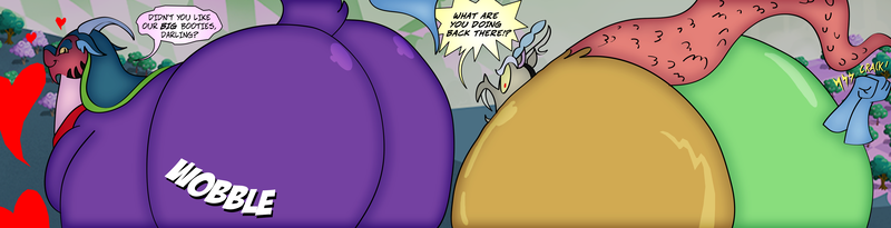 Size: 3683x943 | Tagged: suggestive, artist:jacalope, artist:princebluemoon3, derpibooru import, edit, cosmos (character), discord, draconequus, comic:the chaos within us, angry, asscord, bbw, bhm, butt, chaos, collage, commissioner:bigonionbean, coscord, discorded landscape, fat, female, huge butt, image, large butt, male, obese, png, shipping, smiling, speech bubble, straight, this will end in tears