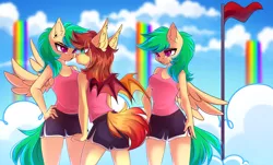 Size: 4555x2760 | Tagged: safe, artist:airiniblock, derpibooru import, oc, oc:cloud skipper, oc:sky rider, oc:sundown, unofficial characters only, anthro, bat pony, pegasus, pony, angry, bat pony oc, bat wings, breasts, clothes, cloud, cloudsdale, commission, ear piercing, eye contact, flag, flag pole, frown, green eyes, green mane, green tail, gym shorts, hand on hip, looking at each other, nervous, open mouth, orange mane, orange tail, pegasus oc, piercing, pink eyes, rainbow waterfall, rcf community, red eyes, red flag, shirt, shorts, side slit, sky, sports shorts, sporty style, spread wings, t-shirt, tanktop, teal eyes, twins, unamused, wings