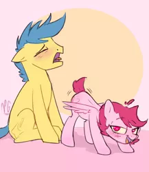 Size: 2000x2300 | Tagged: suggestive, artist:lilpinkghost, derpibooru import, oc, oc:pink ghost, earth pony, pegasus, pony, butt shake, duo, eyes closed, face down ass up, female, filly, lidded eyes, male, mare, open mouth, stallion