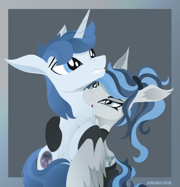 Size: 1403x1456 | Tagged: safe, artist:andaluce, derpibooru import, oc, oc:haze northfleet, oc:winter solstice, bat pony, unicorn, bat pony oc, bat wings, biting, clothes, socks, wings