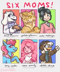 Size: 680x812 | Tagged: safe, artist:bostonlobstah, derpibooru import, cup cake, anthro, bird, cat, duck, earth pony, goat, human, pony, six fanarts, anthro with ponies, apron, bust, clothes, crossover, della duck, ducktales, female, food, goggles, hat, inko midoriya, mare, mother, my hero academia, pie, plate, raised hoof, rose quartz (steven universe), smiling, steven universe, toriel, undertale