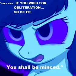 Size: 1920x1920 | Tagged: safe, artist:mellow91, artist:smoldix, derpibooru import, edit, oc, oc:anonfilly, oc:tempesta, pony, black background, bust, chest fluff, close-up, cropped, dialogue, female, filly, frown, furrowed brow, glowing eyes, open mouth, possessed, simple background, solo, text, white text