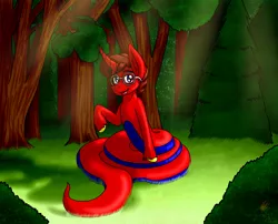 Size: 1424x1150 | Tagged: safe, artist:midnightfire1222, derpibooru import, oc, oc:will guide, lamia, original species, snake, snake pony, unicorn, commission, forest, smiling, solo, sunny, tree