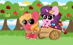 Size: 2100x1300 | Tagged: safe, artist:kittyrosie, derpibooru import, big macintosh, sugar belle, earth pony, pony, unicorn, apple, apple tree, cart, cute, female, flower, flower in hair, food, male, mare, open mouth, riding, shipping, stallion, straight, straw in mouth, sugarmac, tree