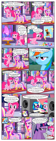 Size: 612x1552 | Tagged: safe, artist:newbiespud, derpibooru import, edit, edited screencap, screencap, pinkie pie, queen chrysalis, rainbow dash, rarity, twilight sparkle, vinyl scratch, alicorn, earth pony, pegasus, pony, unicorn, comic:friendship is dragons, a canterlot wedding, ..., angry, bipedal, comic, dancing, dialogue, eyelashes, eyes closed, female, frown, hat, hoof shoes, jewelry, mare, necklace, open mouth, pearl necklace, peytral, pin the tail on the pony, pronking, raised hoof, screencap comic, smiling, speakers, sunglasses, suspicious, tree, turntable, unamused, unicorn twilight