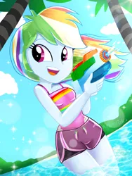 Size: 1800x2400 | Tagged: safe, artist:artmlpk, derpibooru import, rainbow dash, equestria girls, adorable face, adorasexy, adorkable, beach, beautiful, blue skin, board shorts, clothes, cloud, cute, dashabetes, digital art, dork, female, gym shorts, hair, happy, light, looking over shoulder, multicolored hair, ocean, open mouth, outdoors, palm tree, pink eyes, plant, pool toy, rainbow hair, sand, sexy, shiny skin, shorts, side slit, sky, sleeveless, smiley face, smiling, smiling at you, solo, stupid sexy rainbow dash, sunflare, super soaker, swimsuit, tree, water, watergun, watermark