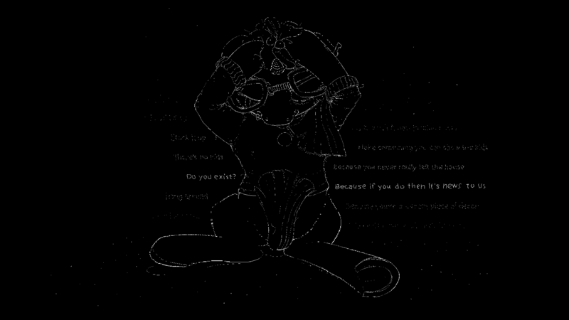 Size: 1920x1080 | Tagged: semi-grimdark, artist:the-brightest-sunny-days, derpibooru import, moondancer, black and white, black background, broken glasses, clothes, crying, female, glasses, grayscale, mental breakdown, monochrome, music in description, sad, simple background, solo, song in the description, sweater, text