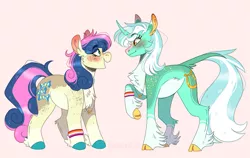 Size: 1213x768 | Tagged: safe, artist:wanderingpegasus, derpibooru import, bon bon, lyra heartstrings, sweetie drops, classical unicorn, earth pony, pony, unicorn, alternate hairstyle, blushing, canon ship, chest fluff, cloven hooves, ear blush, ear fluff, female, freckles, jewelry, leg fluff, leonine tail, lesbian, lesbian pride flag, looking at each other, lyrabon, mare, markings, married couple, necklace, open mouth, pale belly, pink background, pride, pride flag, raised hoof, redesign, ring, shipping, simple background, socks (coat marking), unshorn fetlocks, wedding ring, wristband