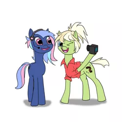 Size: 2244x2244 | Tagged: safe, artist:colza97, derpibooru import, oc, oc:bit rate, oc:milli, unofficial characters only, earth pony, pony, camera, clothes, eponafest, female, headphones, jacket, mascots, ponyfest, ponyfest online, ponytail, selfie, simple background, smiling