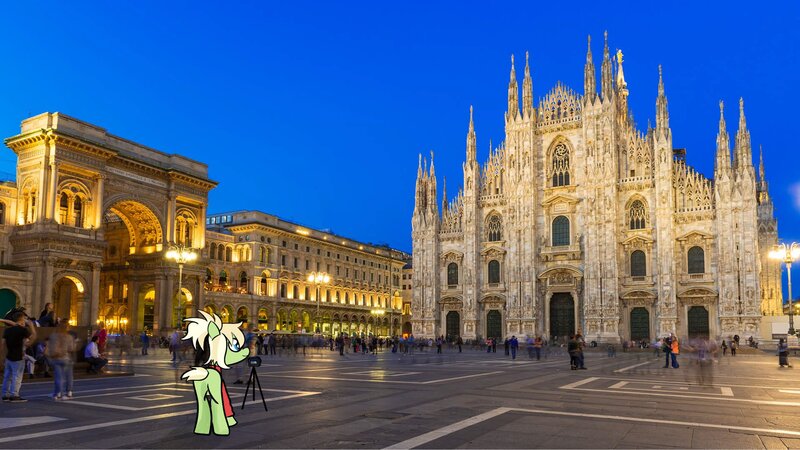 Size: 1920x1080 | Tagged: safe, artist:shooting star, derpibooru import, oc, oc:milli, unofficial characters only, earth pony, pony, camera, cathedral, clothes, eponafest, female, italy, jacket, milan, photo, ponytail