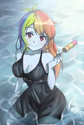 Size: 1600x2400 | Tagged: suggestive, artist:lltggr, derpibooru import, rainbow dash, equestria girls, anime, anime style, barefoot, black dress, blushing, braless, breasts, busty rainbow dash, clothes, commission, commissioner:ajnrules, dress, feet, female, food, little black dress, nipples, nudity, popsicle, rainbow dash always dresses in style, see-through, sexy, solo, stupid sexy rainbow dash, swimming pool, wet clothes, wet dress, ych result