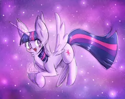 Size: 2048x1617 | Tagged: safe, artist:ellys.art.gallery, derpibooru import, twilight sparkle, twilight sparkle (alicorn), alicorn, pony, :d, abstract background, big ears, blushing, cute, ear fluff, female, flying, mare, neck fluff, open mouth, purple background, signature, simple background, smiling, solo, stars, twiabetes