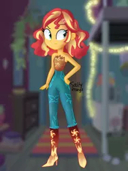 Size: 1152x1536 | Tagged: safe, artist:saltymango, derpibooru import, sunset shimmer, equestria girls, alternate clothes, alternate hairstyle, annoyed look, bare shoulders, beautiful, boots, clothes, cute, female, hands on hip, high heel boots, high heels, looking sideways, pants, shimmerbetes, shoes, solo, tube top