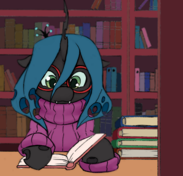 Size: 800x768 | Tagged: adorkable, artist:aisureimi, artist:trickynicky, book, bookshelf, changeling, changeling queen, clothes, cute, cutealis, cute little fangs, derpibooru import, dork, dorkalis, edit, fangs, female, focused, glasses, insect, library, meganekko, nerd, queen chrysalis, reading, safe, solo, sweater, sweater dress, turtleneck