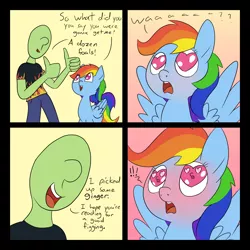 Size: 1414x1414 | Tagged: suggestive, artist:happy harvey, derpibooru import, rainbow dash, oc, oc:anon, pegasus, pony, blushing, blushing profusely, comic, dialogue, drawn on phone, female, gingering, heart eyes, human fetish, imminent impregnation, imminent sex, mare, spread wings, this will end in pregnancy, thumbs up, wingboner, wingding eyes, wings