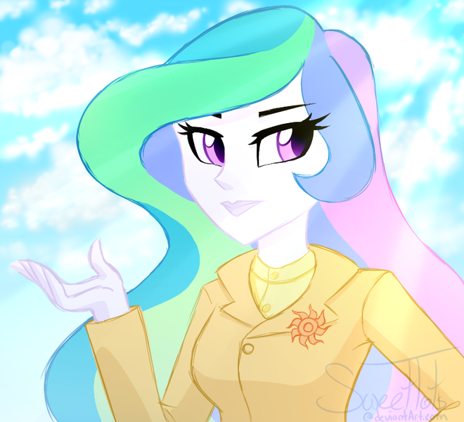 Size: 792x720 | Tagged: safe, artist:sweettots, derpibooru import, princess celestia, equestria girls, alternate design, brooch, bust, cutie mark accessory, cutie mark brooch, female, girly, jewelry, pony coloring, portrait, principal celestia, solo