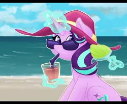 Size: 750x611 | Tagged: safe, artist:cadetredshirt, derpibooru import, starlight glimmer, pony, unicorn, beach, clothes, cute, drink, drinking, female, glimmerbetes, hand fan, hat, levitation, looking at you, magic, mare, ocean, oversized hat, sand, solo, sunglasses, telekinesis