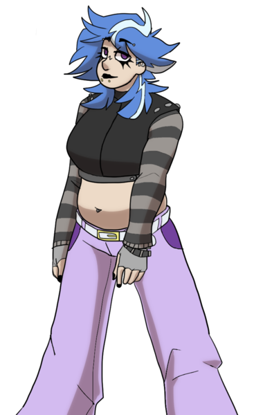 Size: 722x1181 | Tagged: safe, alternate version, artist:greenarsonist, artist:icey-wicey-1517, color edit, derpibooru import, edit, lilymoon, human, adult, alternate hairstyle, belly button, bellyring, belt, chubby, clothes, collaboration, colored, ear piercing, earring, eyebrow piercing, female, humanized, jacket, jeans, jewelry, lipstick, makeup, midriff, nail polish, older, older lilymoon, pants, piercing, simple background, snake bites, solo, transparent background, wristband