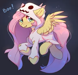 Size: 3000x2900 | Tagged: safe, artist:fensu-san, derpibooru import, fluttershy, ghost, pegasus, pony, undead, boo, clothes, costume, cute, ear fluff, female, ghost costume, halloween, halloween costume, high res, holiday, leg fluff, mare, nightmare retardant, shyabetes, solo, spread wings, wings