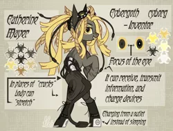 Size: 3000x2270 | Tagged: safe, artist:oweeping, derpibooru import, oc, oc:catherine mayer, unofficial characters only, cyborg, earth pony, pony, amputee, augmented tail, boots, clothes, cyber-questria, cybergoth, eyeshadow, female, goggles, grin, makeup, mare, markings, multicolored hair, outlet, plug, prosthetic leg, prosthetic limb, prosthetics, reference sheet, shoes, smiling, socket, solo, spine, wires