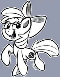 Size: 607x780 | Tagged: safe, artist:binkyt11, derpibooru import, apple bloom, earth pony, pony, apple bloom's bow, bow, female, filly, gray background, hair bow, monochrome, signature, simple background, solo