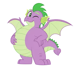 Size: 1280x1133 | Tagged: safe, artist:aleximusprime, derpibooru import, spike, dragon, flurry heart's story, adult, adult spike, belly, chubby, cute, fat, fat spike, hand on belly, looking at you, male, older, older spike, one eye closed, plump, simple background, solo, transparent background, vector, winged spike, wings, wink, winking at you