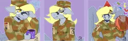 Size: 1280x416 | Tagged: anthro, army, artist:sintacle, balloon, breasts, busty derpy hooves, clothes, coffee, coffee mug, commission, confetti, derpibooru import, derpy hooves, digital art, emotions, female, glasses, hat, looking at you, mug, party hat, pegasus, safe, simple background, smiling, smiling at you, solo, spread wings, wings